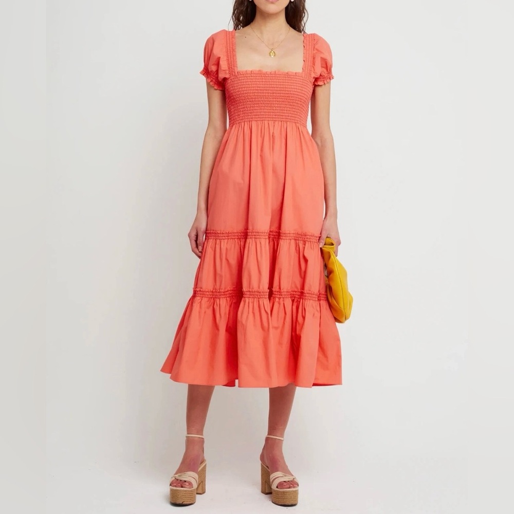 $138 o.p.t Square Neck Smocked Bodice, Puffed Sleeves Midi Dress SZ Small.